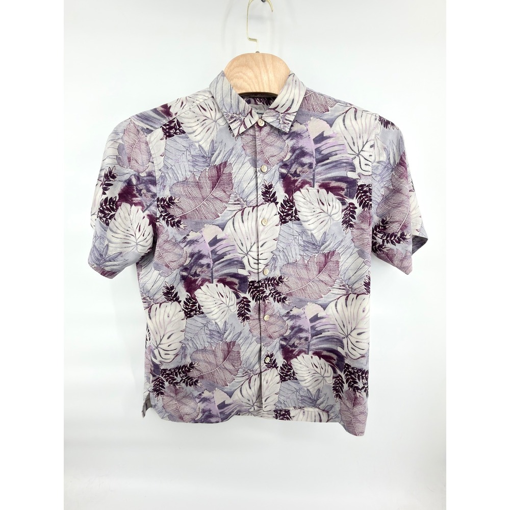Tommy Bahama IslandZone Shirt Mens Large Purple Tropical Leaf Silk Blend Button‎